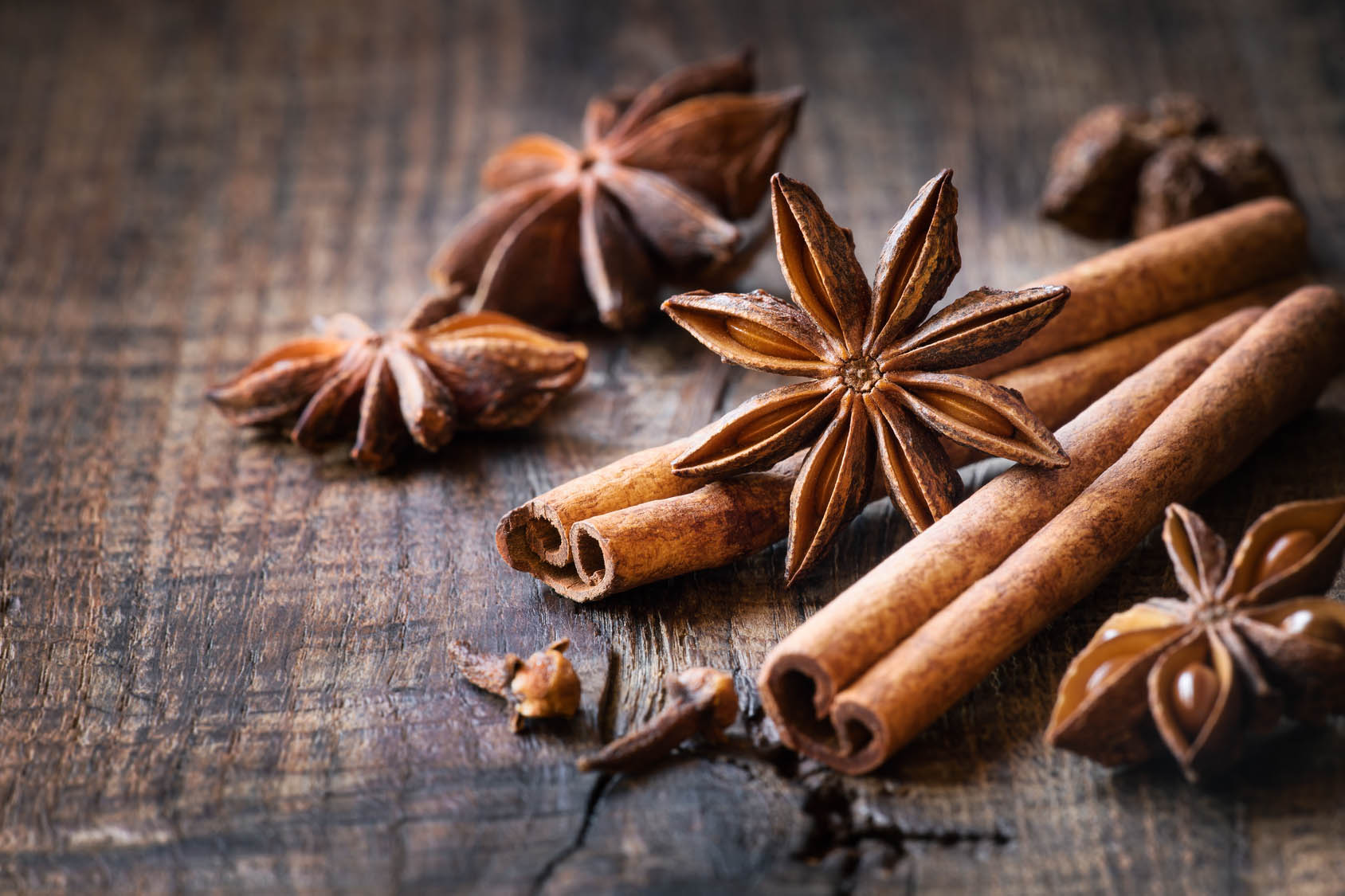 Dried star anise and cinnamon sticks on wooden surface. Gourmet Spice Company, Wholesale Food Distributor.